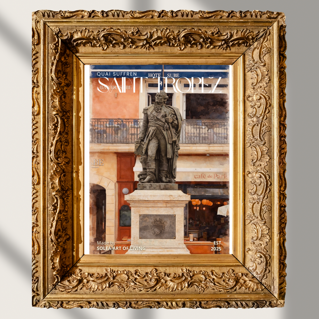#024 Saint Tropez Wall Art Print - French Riviera Watercolor Print – Saint-Tropez Statue & Café Scene Wall Art with Vintage European Charm
