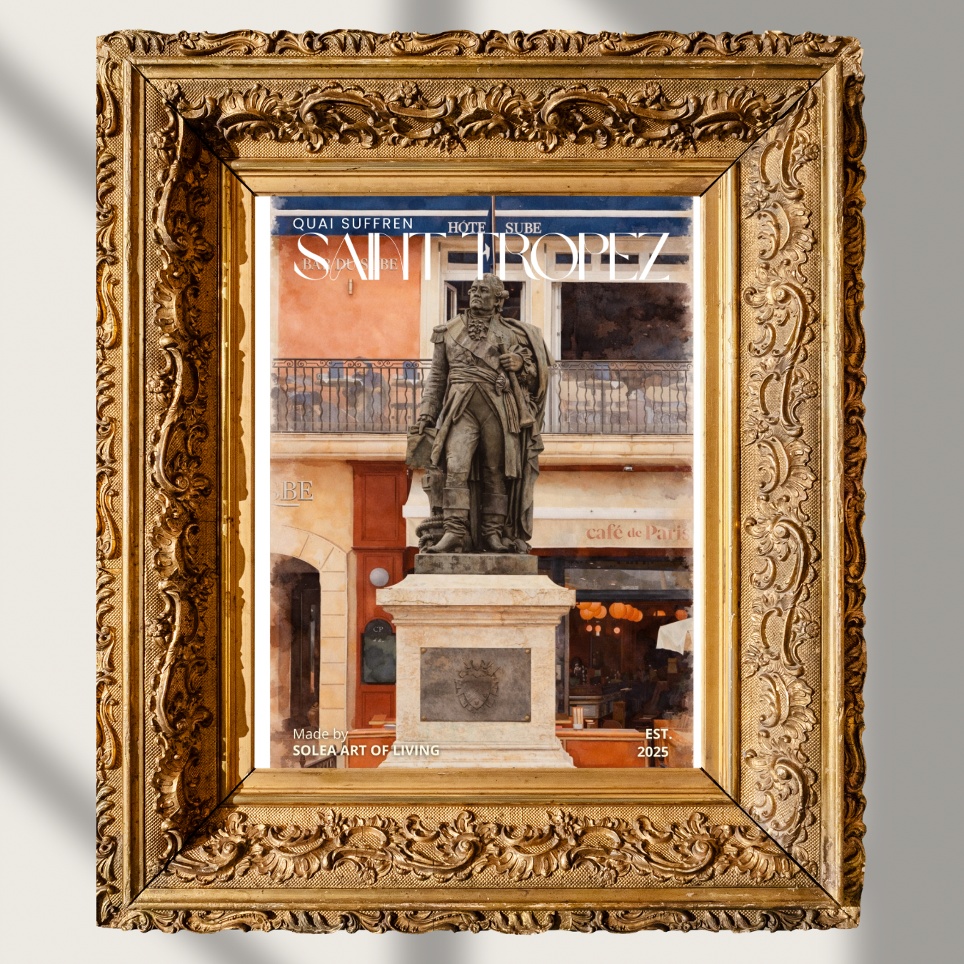 #024 Saint Tropez Wall Art Print - French Riviera Watercolor Print – Saint-Tropez Statue & Café Scene Wall Art with Vintage European Charm