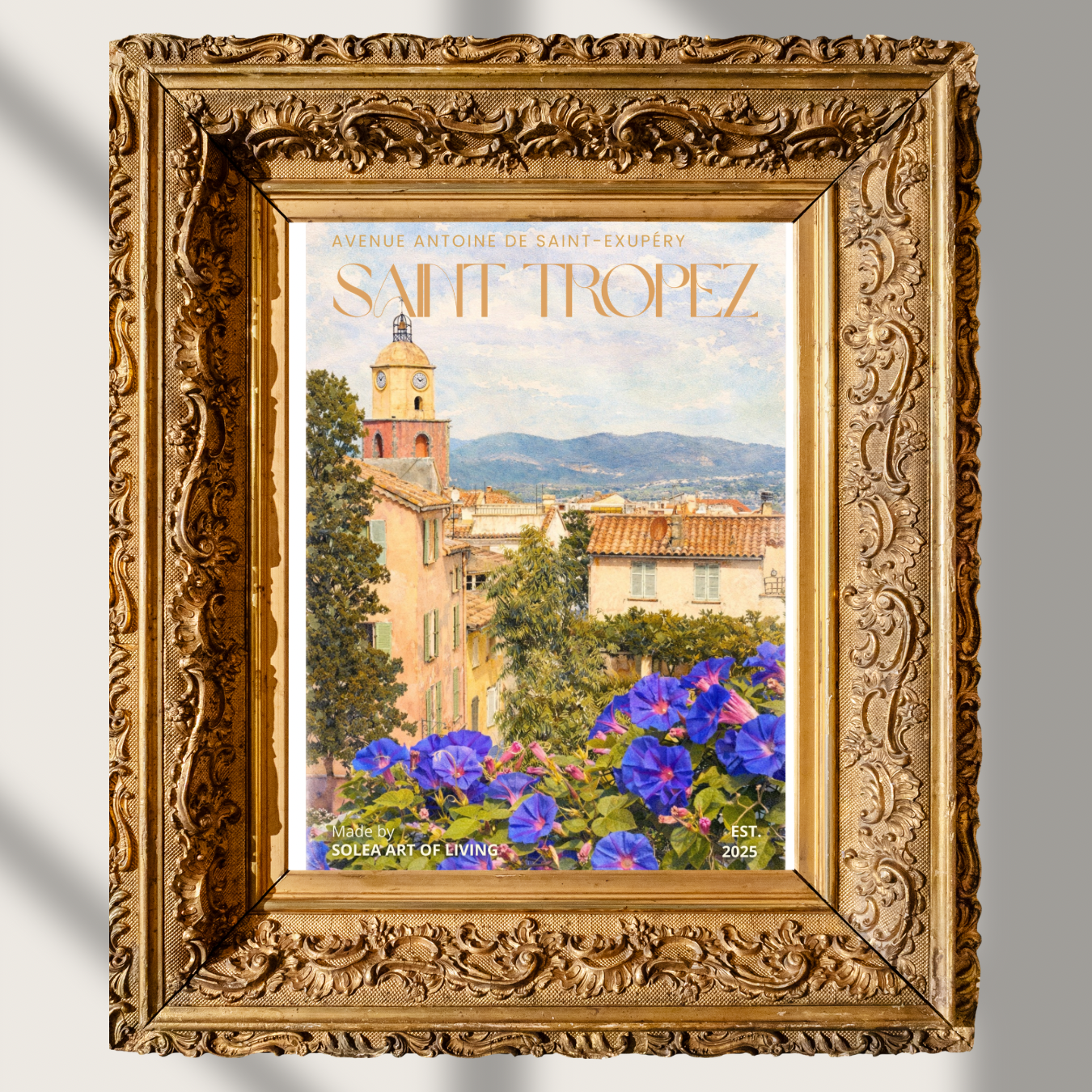 #023 Saint Tropez Wall Art Print - Provence Watercolor Print – French Village Clock Tower & Floral Mediterranean Wall Art Poster