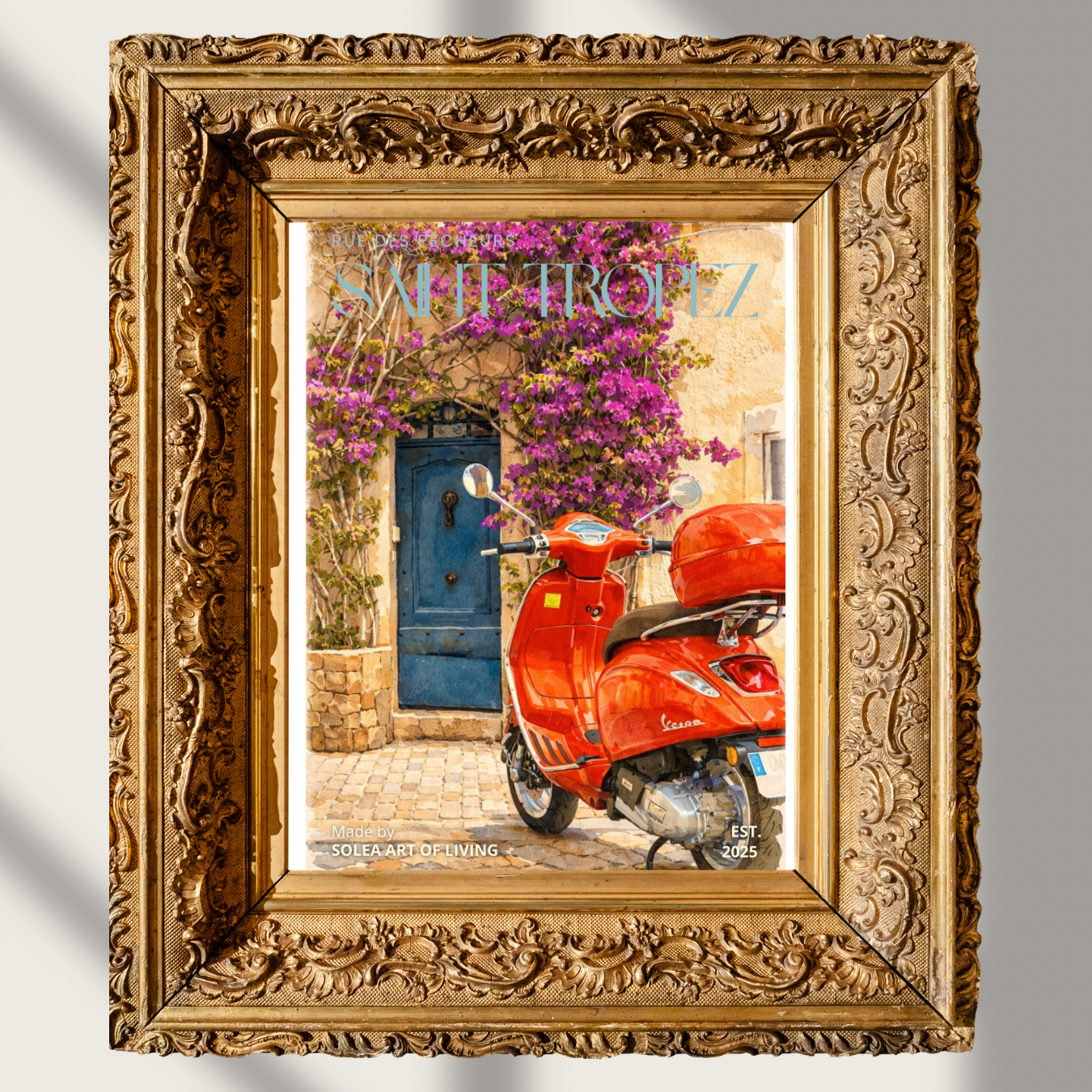 #022 Saint Tropez Wall Art Print - Red Vespa Watercolor Print – Mediterranean Street Art with Bougainvillea & Blue Door Poster