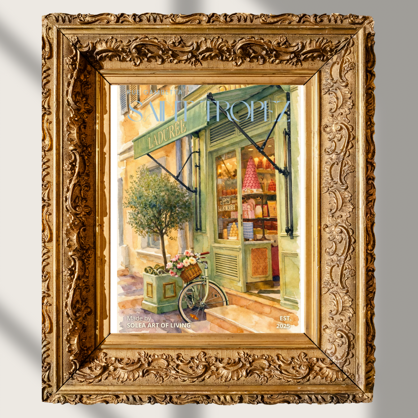 #021 Saint Tropez Wall Art Print - Paris Bakery Watercolor Print – Ladurée Café Storefront Wall Art with Bicycle & Flowers