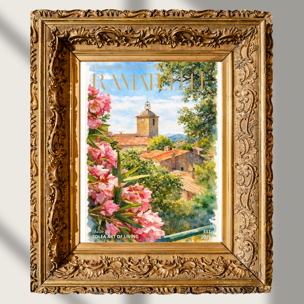 #018 Ramatuelle Wall Art Print - Provence Village Watercolor Print – Floral Mediterranean Landscape Wall Art for Elegant Home Decor