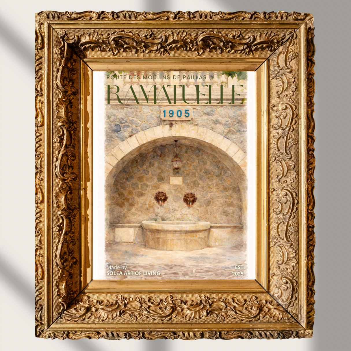 #017 Ramatuelle Wall Art Print - Mediterranean Stone Fountain Watercolor Print – Elegant French Courtyard Wall Art for Timeless Home Decor