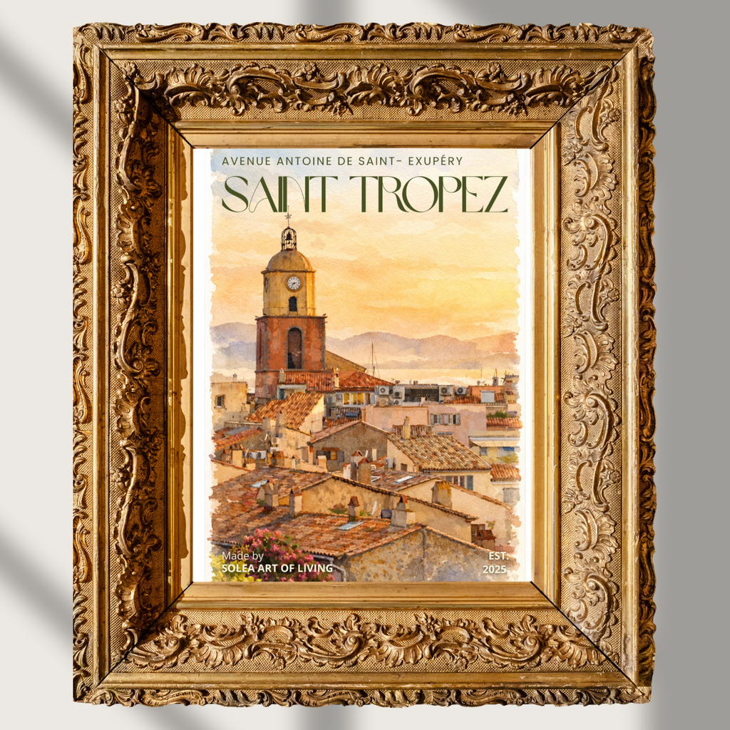 #016 Saint Tropez Wall Art Print - Mediterranean Sunset Watercolor Print – Coastal Village Rooftops & Clock Tower Wall Art