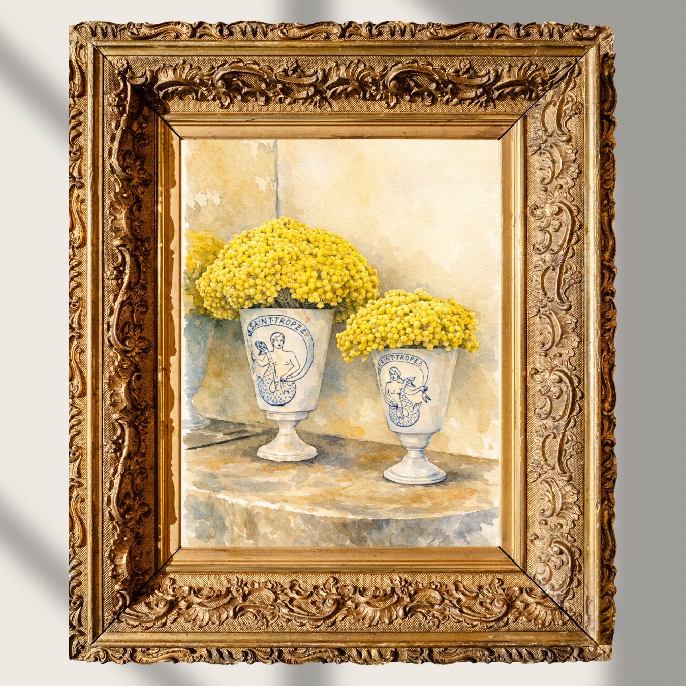 #015 Mimosa Wall Art Print - Saint-Tropez Yellow Floral Watercolor Print – Luxury Mediterranean Vase Wall Art for Elegant Home Decor