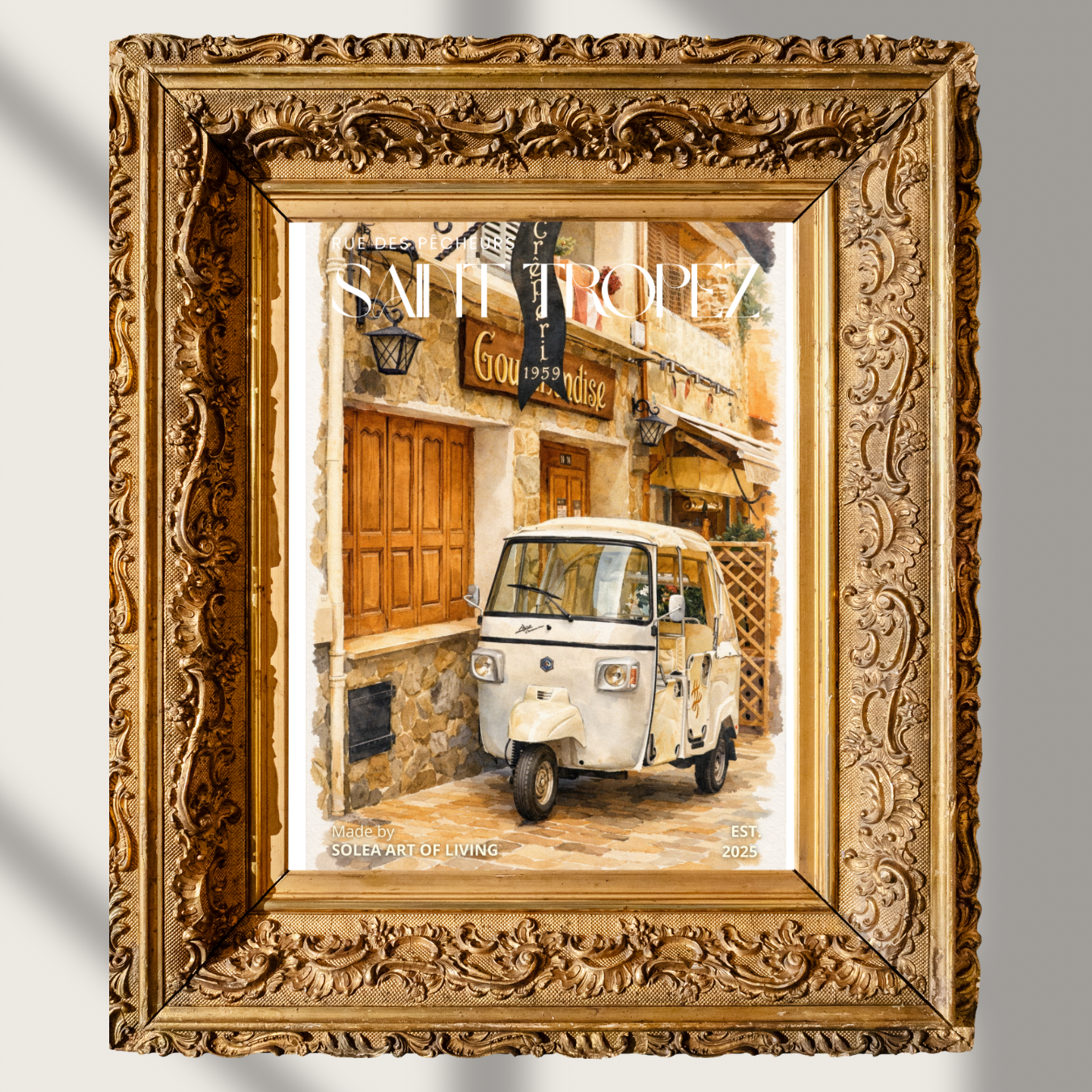 #012 Saint Tropez Wall Art Print - French Village Street Watercolor Print – Vintage European Travel Wall Art with Classic Tuk Tuk