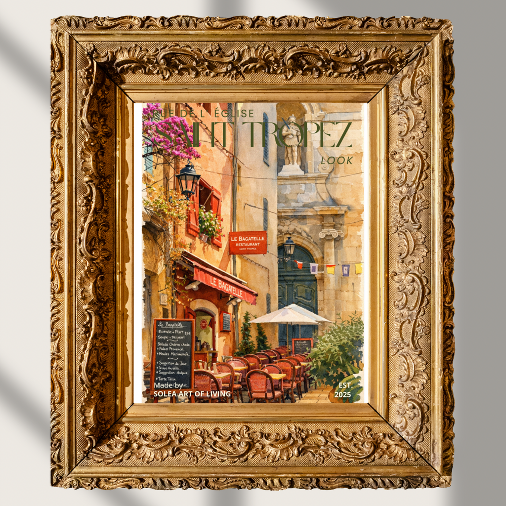 #011 Saint Tropez Wall Art Print - French Café Watercolor Print – Saint-Tropez Restaurant Street Scene Wall Art
