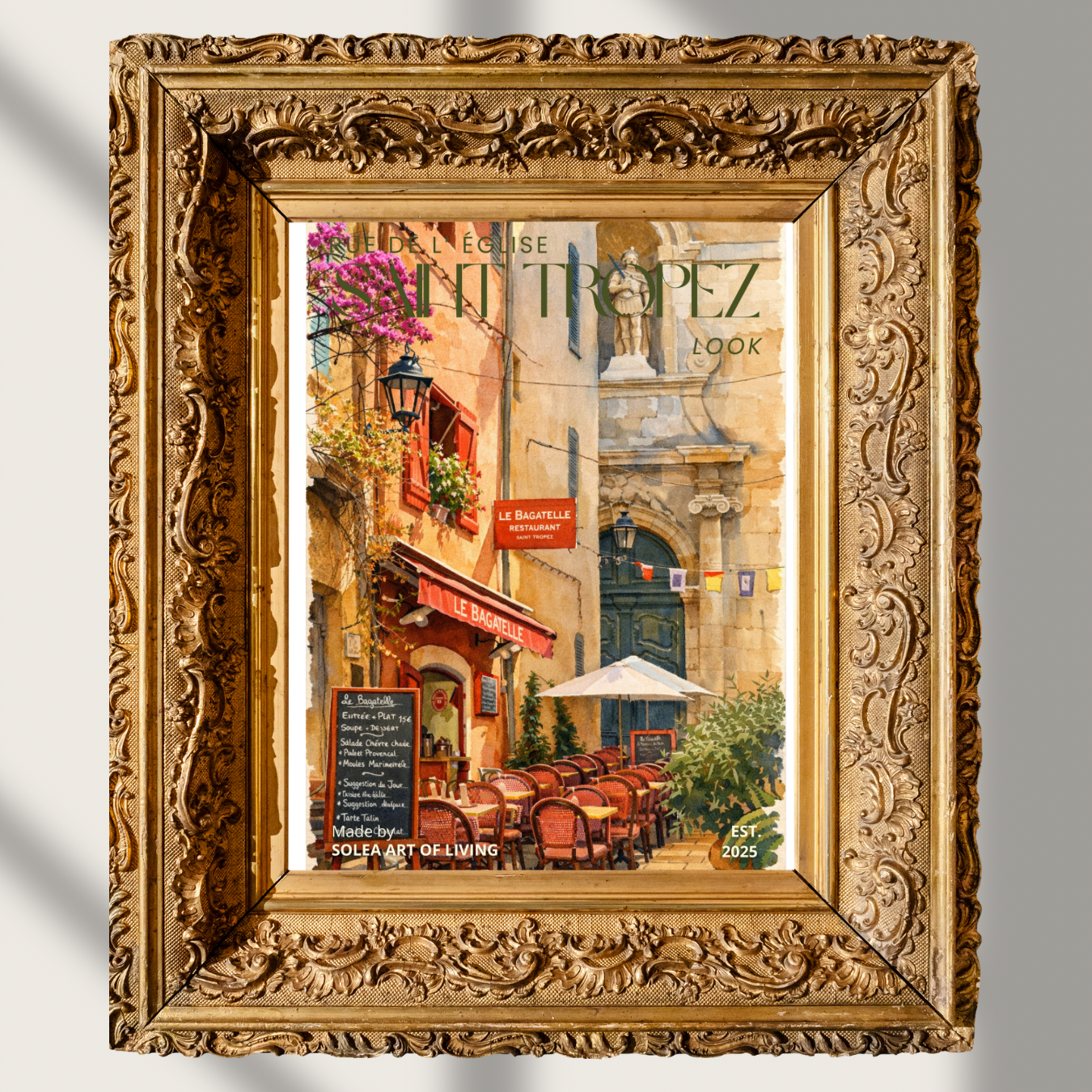 #011 Saint Tropez Wall Art Print - French Café Watercolor Print – Saint-Tropez Restaurant Street Scene Wall Art