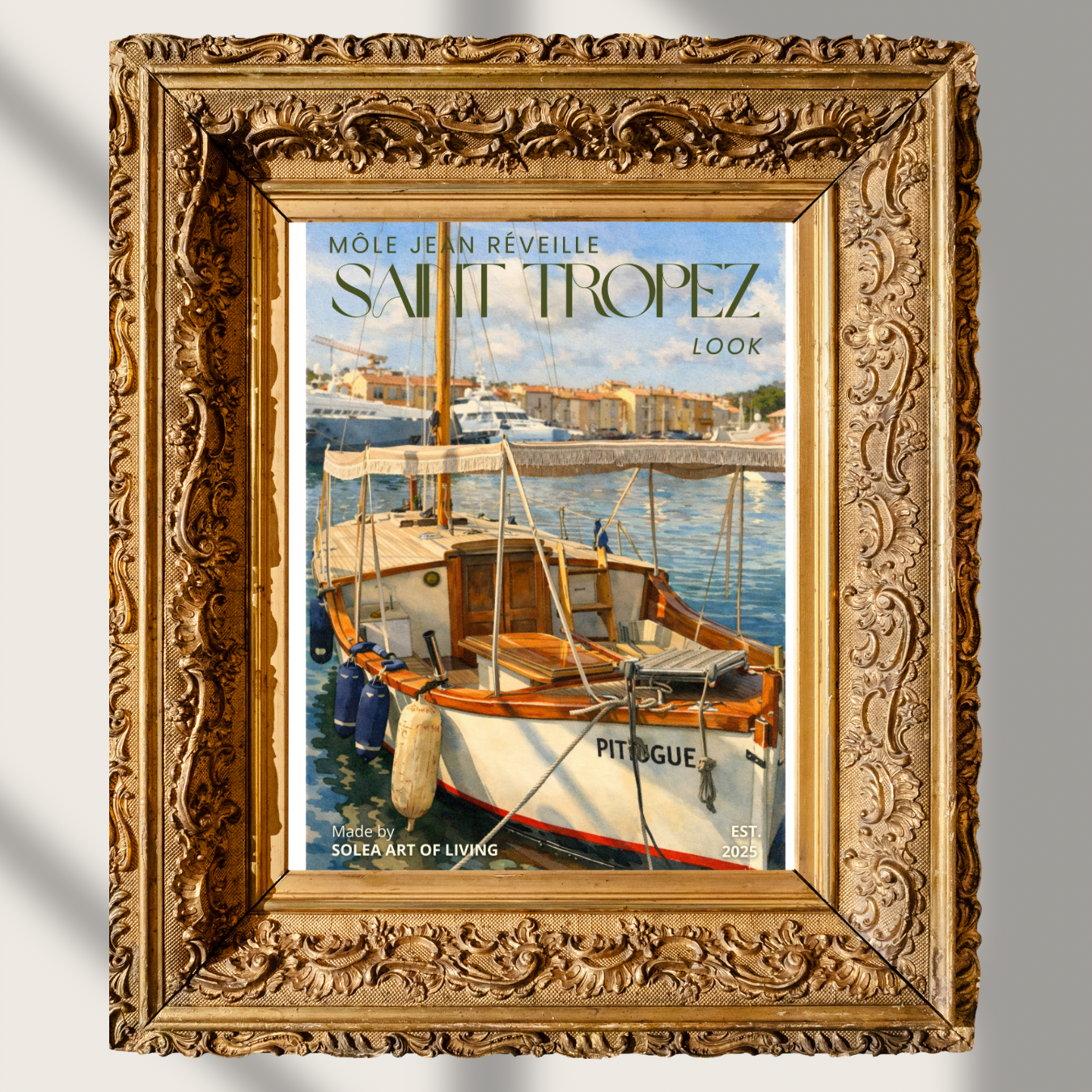 #009 Saint Tropez Wall Art Print - Saint-Tropez Harbor Boat Watercolor Print – Luxury Mediterranean Coastal Wall Art