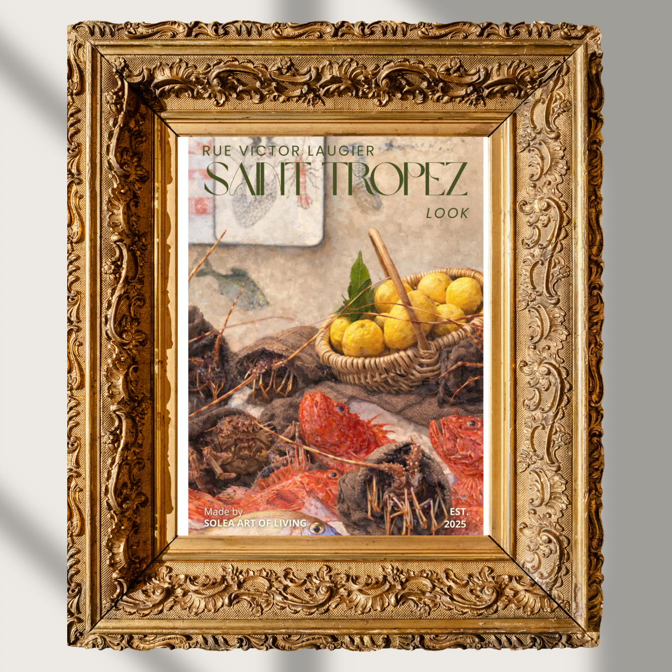 #008 Saint Tropez Wall Art Print - Mediterranean Seafood Market Watercolor Print – Coastal Still Life Wall Art with Fresh Fish & Lemons