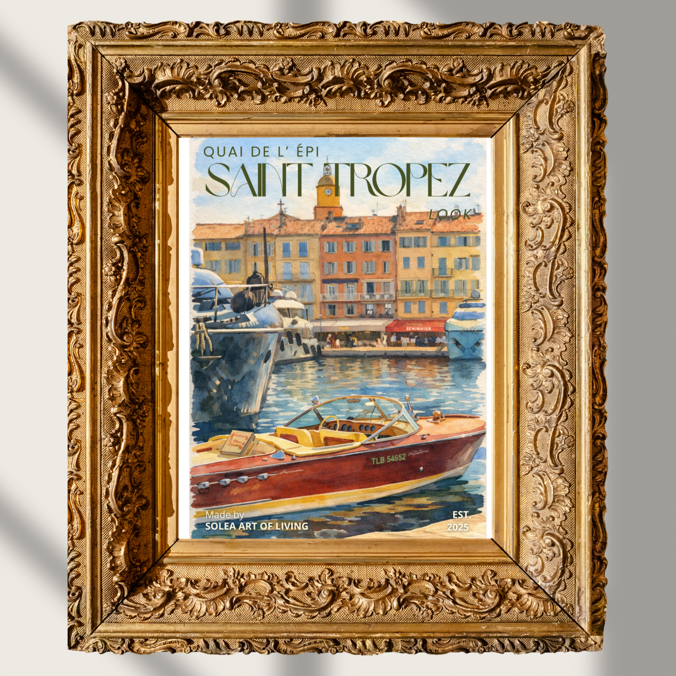 #005 Saint Tropez Wall Art Print - Mediterranean Harbor Watercolor Print – Luxury Yacht & Coastal Village Wall Art