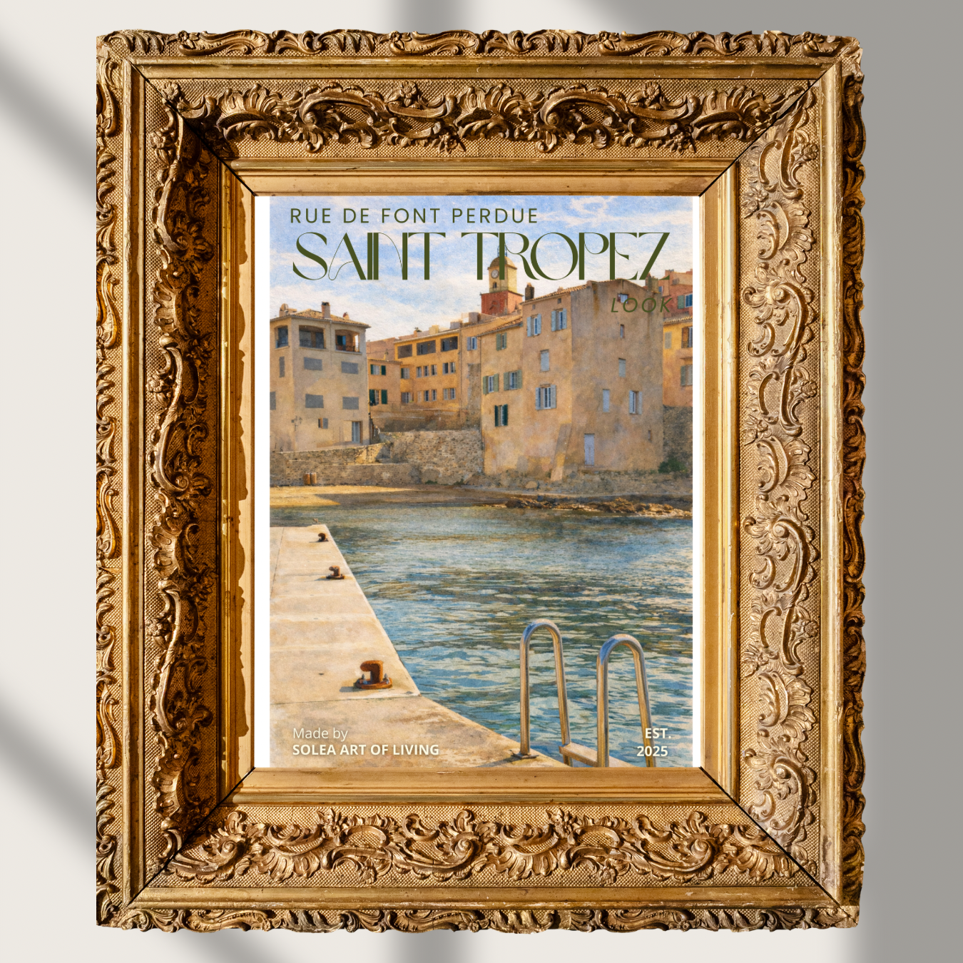 #003 Saint Tropez Wall Art Print - Mediterranean Harbor Watercolor Print – Coastal Village Wall Art with Sunlit Waterfront Charm