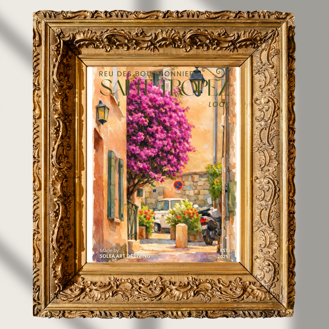 #004 Saint Tropez Wall Art Print - Mediterranean Street Watercolor Print – Charming Alley with Bougainvillea Flowers & French Village Atmosphere