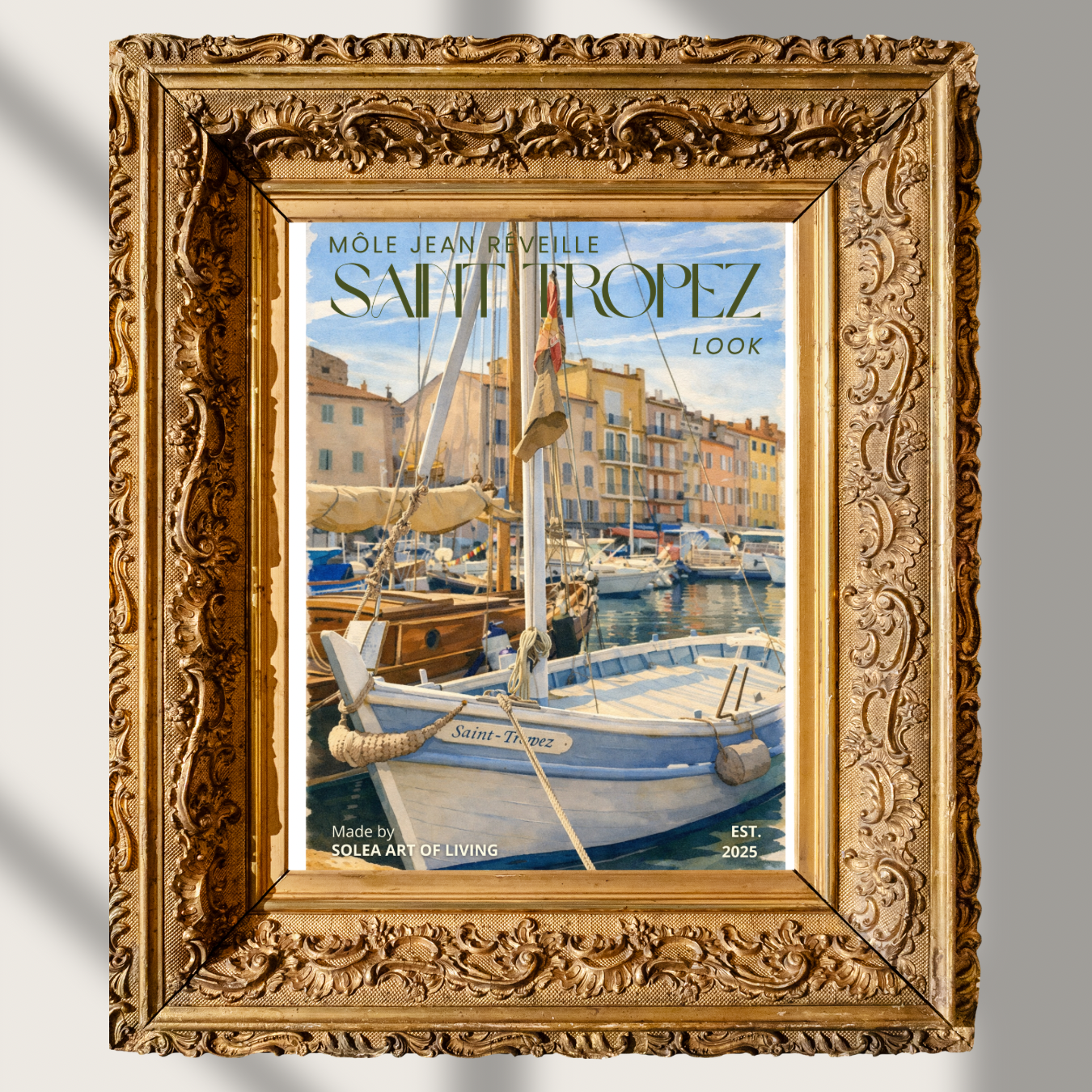 #002 Saint Tropez - Elegant Saint-Tropez harbor art print featuring a classic sailboat