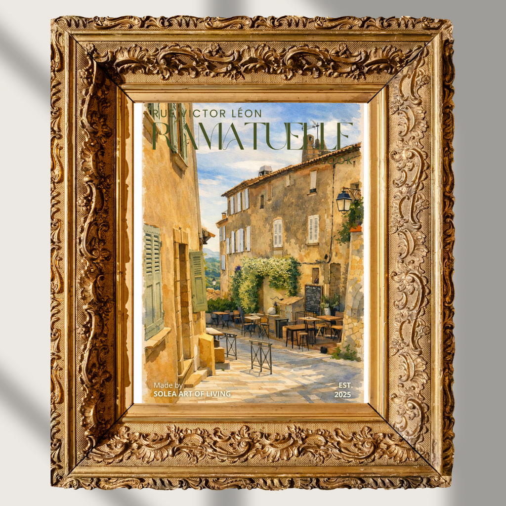 #001 Ramatuelle Wall Art Print - Charming Provence village café with warm stone houses and sunlit terrace. Luxury French countryside wall art