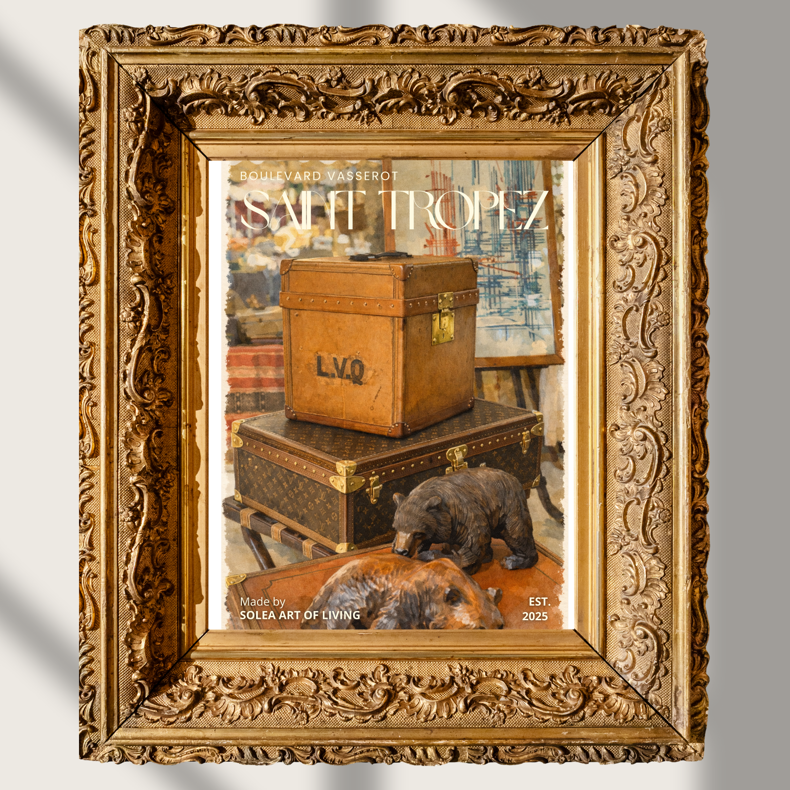 #049 Saint Tropez Wall Art Print - Classic Leather Trunk Wall Art | Vintage Watercolor