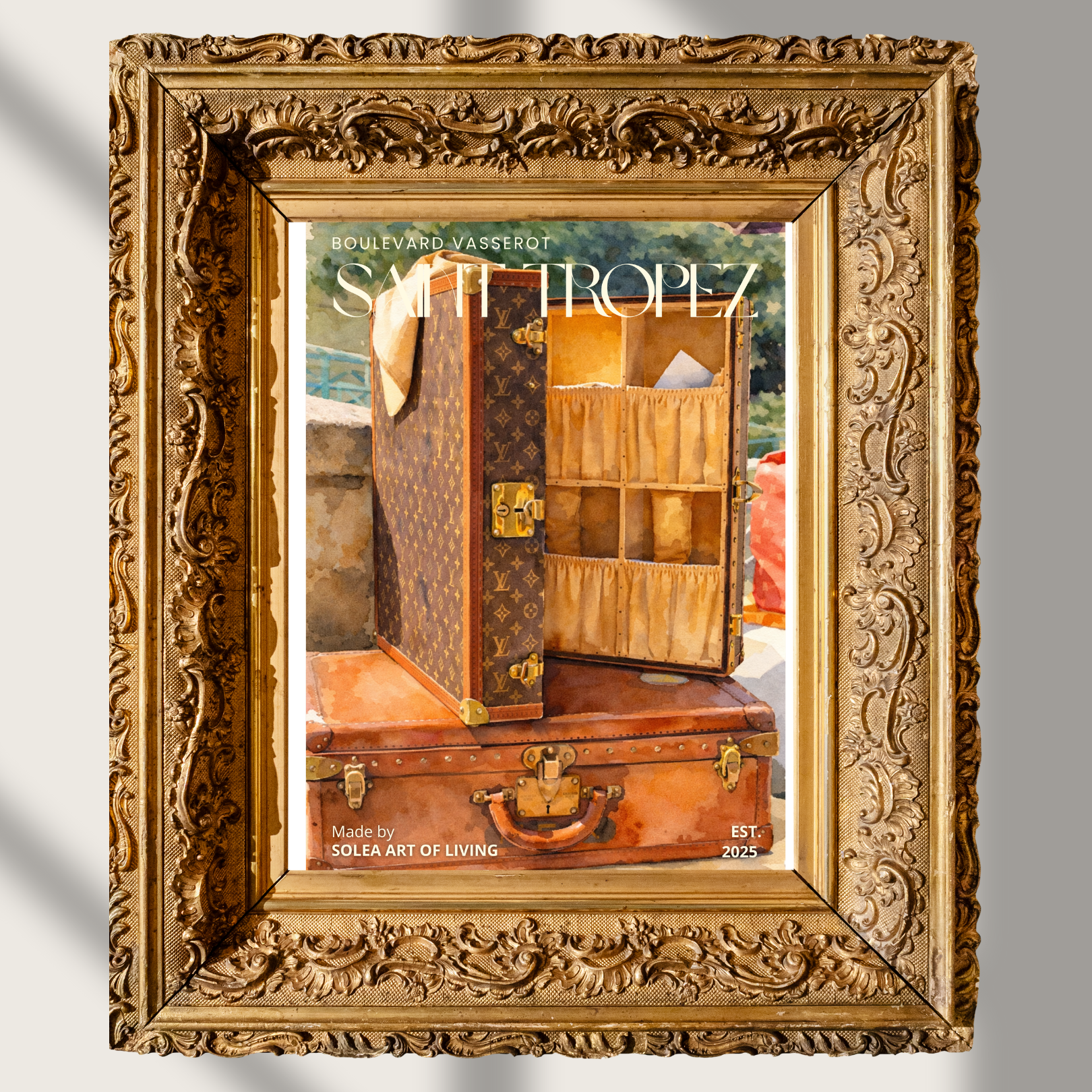 #051 Saint Tropez Wall Art Print - Vintage Suitcase Watercolor Poster – Luxury Travel Decoration in Warm Shades | Classic Wall Art