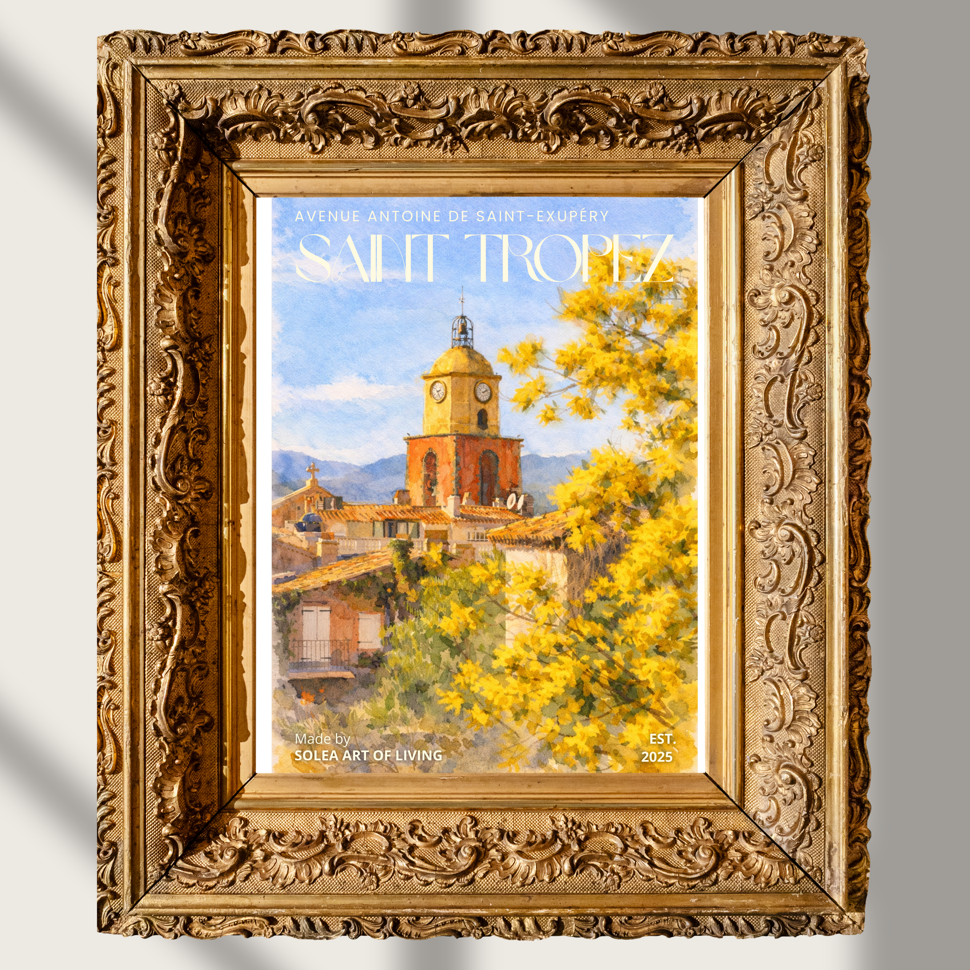 #053 Saint Tropez Wall Art Print - the charm of a sun-drenched village framed by vibrant yellow blossoms