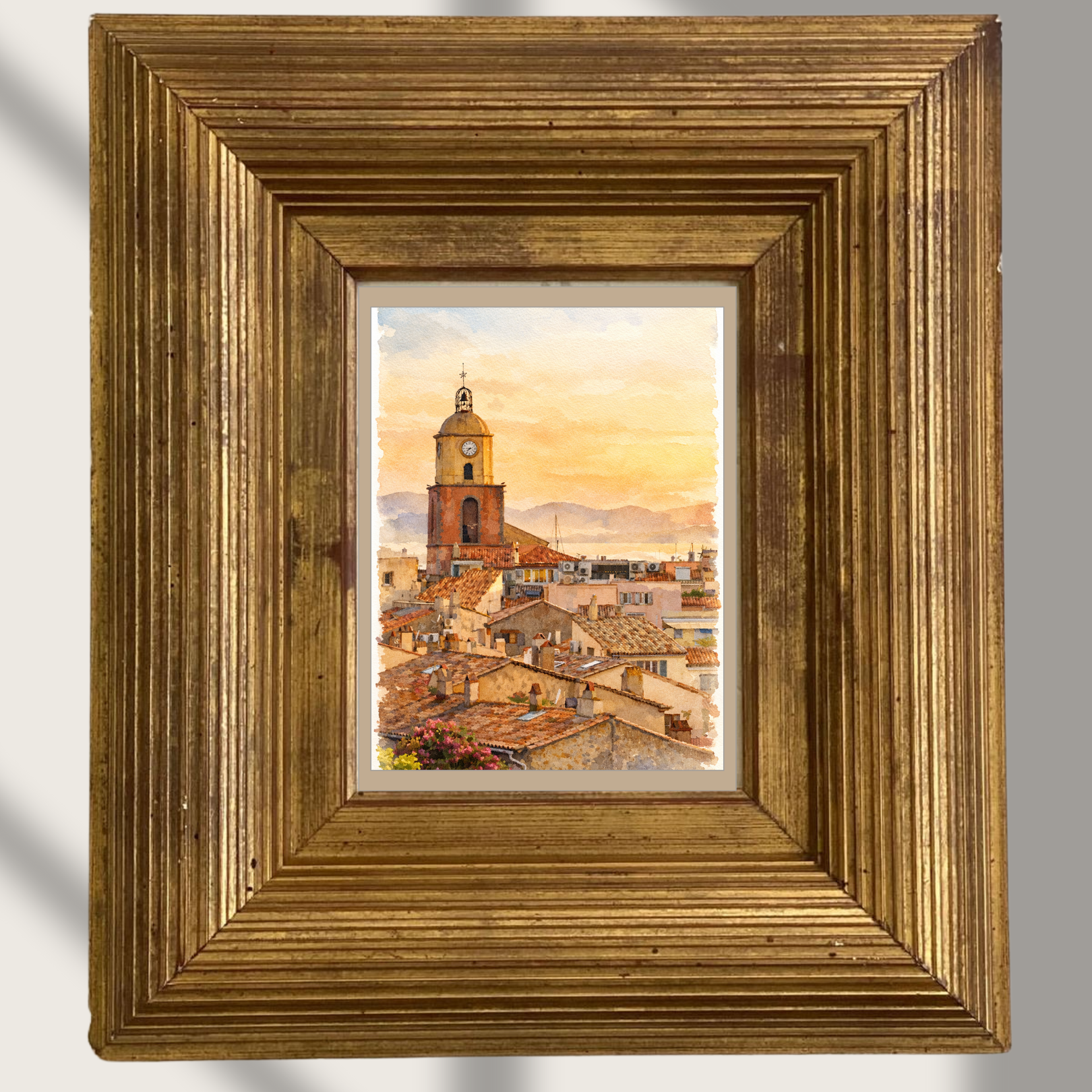 #016 Saint Tropez Wall Art Print - Mediterranean Sunset Watercolor Print – Coastal Village Rooftops & Clock Tower Wall Art