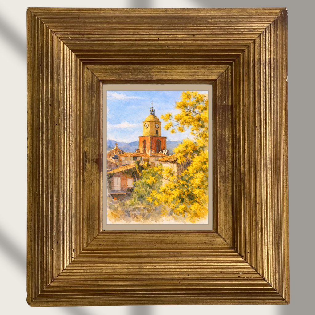 #053 Saint Tropez Wall Art Print - the charm of a sun-drenched village framed by vibrant yellow blossoms