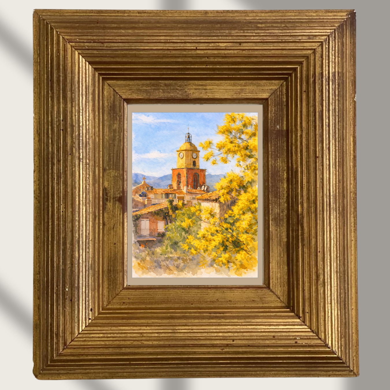 #053 Saint Tropez Wall Art Print - the charm of a sun-drenched village framed by vibrant yellow blossoms