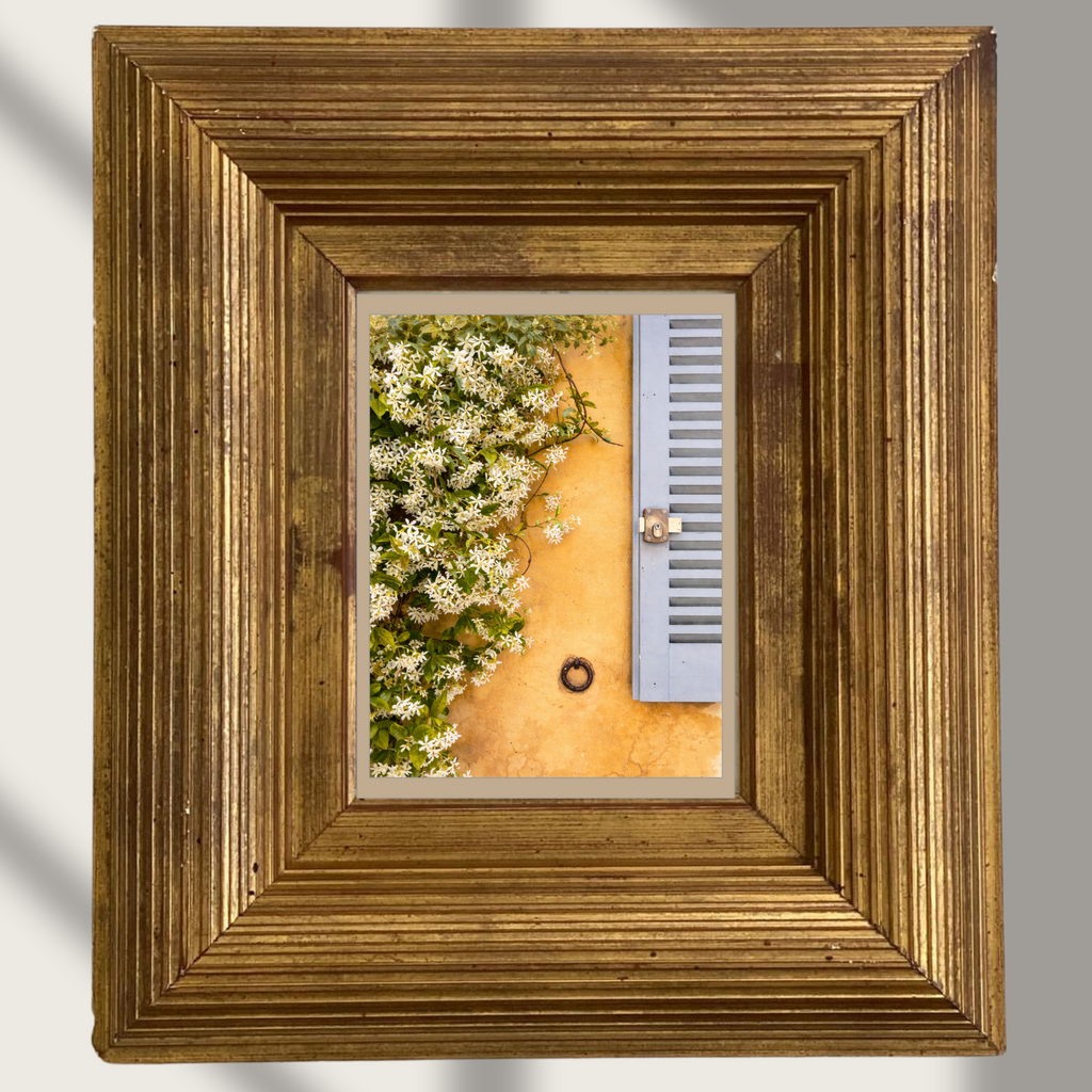 #052 Saint Tropez Wall Art Print - A warm ochre yellow wall, ornate white flowers and a characteristic blue-gray hatch