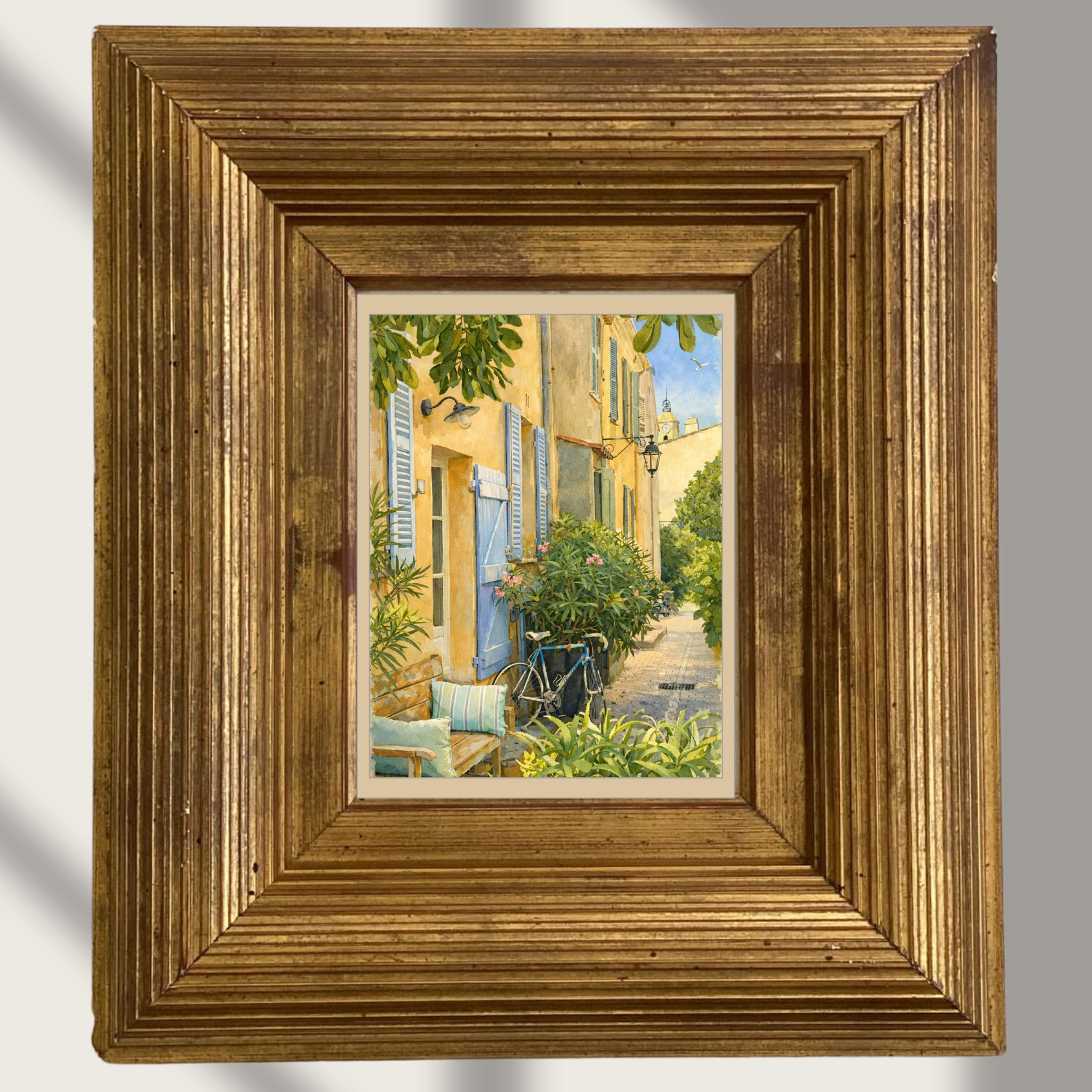 #042 Saint Tropez Wall Art Print - Mediterranean Street with Blue Shutters