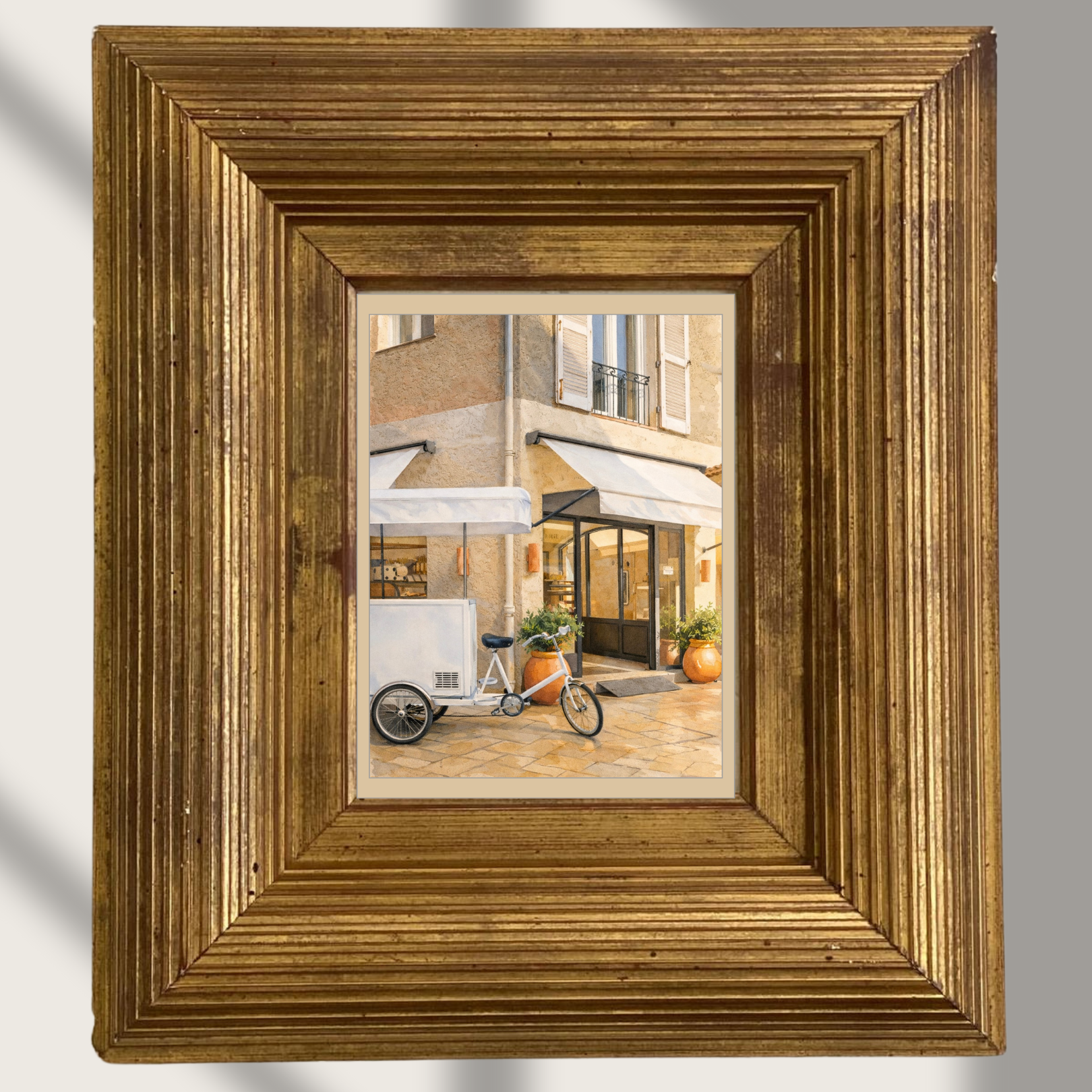 #033 Saint Tropez Wall Art Print - French Café Facade with Vintage Bicycle Cart