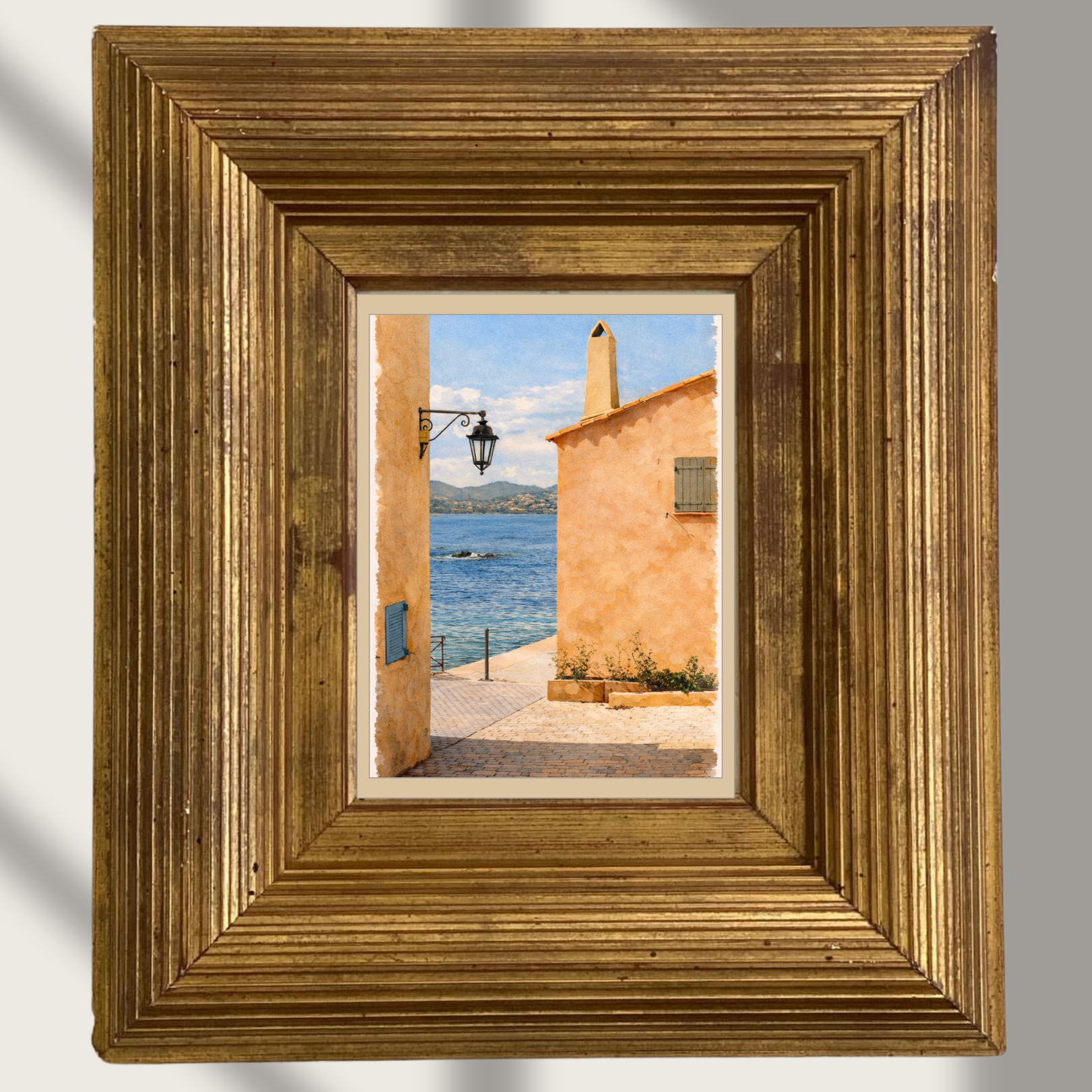 #030 Saint Tropez Wall Art Print- Mediterranean Coastal Watercolor Print – Sunlit Seaside Alley & French Riviera Wall Art