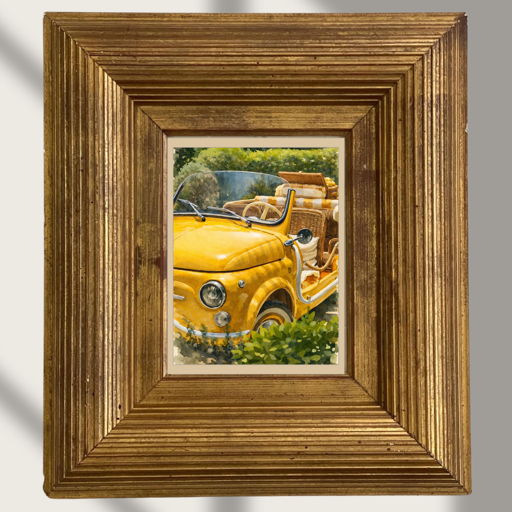 #029 Ramatuelle Wall Art Print - Vintage Yellow Car Watercolor Print – Luxury Summer Travel Wall Art with Mediterranean Charm