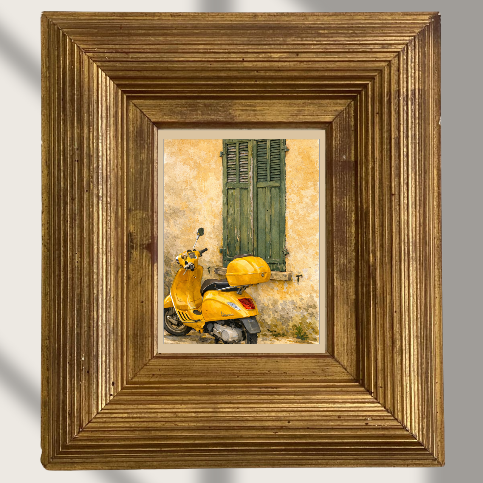 #028 Ramatuelle Wall Art Print - Yellow Vespa Watercolor Print – Mediterranean Scooter Wall Art with Italian Vintage Charm