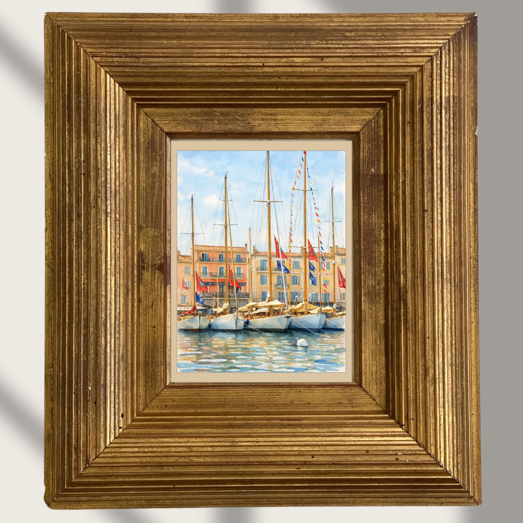#026 Saint Tropez Wall Art Print - Mediterranean Harbor Watercolor Print – Elegant Sailboat Marina Wall Art with Coastal French Charm