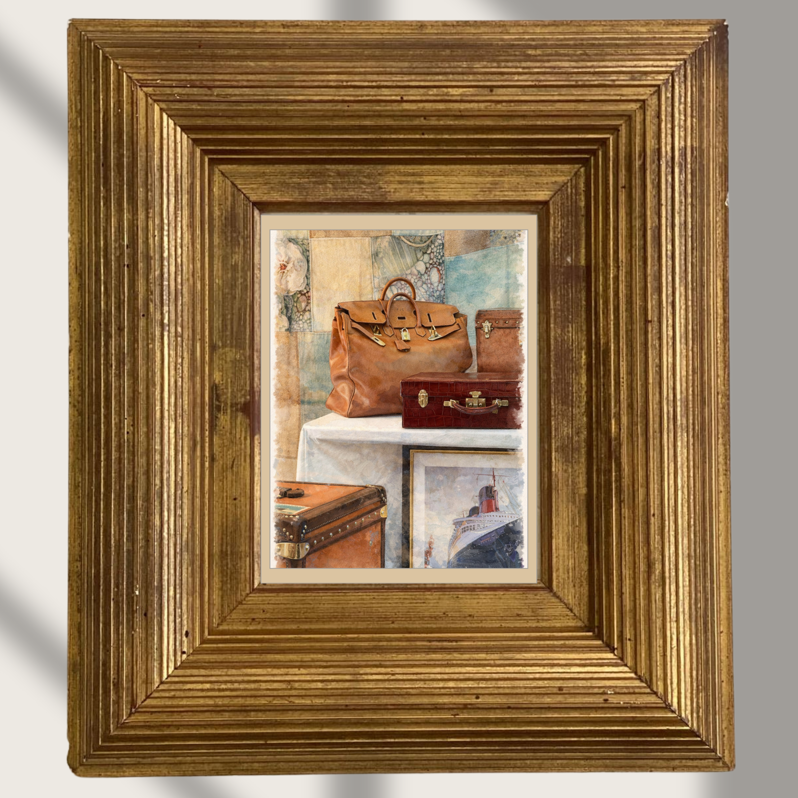 #025 Saint Tropez Wall Art Print - Luxury Vintage Travel Watercolor Print – Elegant Leather Bag & Suitcase Wall Art for Sophisticated Interiors