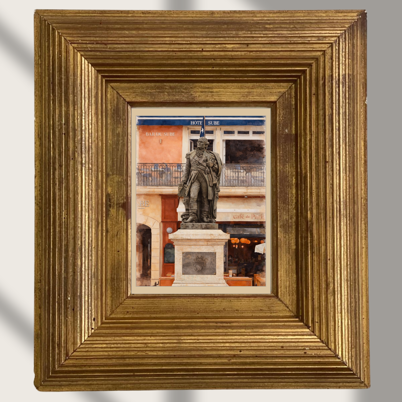 #024 Saint Tropez Wall Art Print - French Riviera Watercolor Print – Saint-Tropez Statue & Café Scene Wall Art with Vintage European Charm