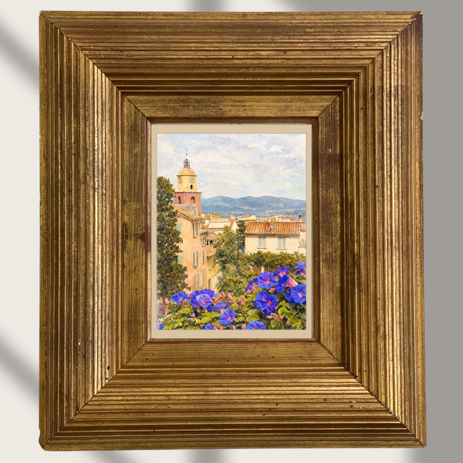 #023 Saint Tropez Wall Art Print - Provence Watercolor Print – French Village Clock Tower & Floral Mediterranean Wall Art Poster