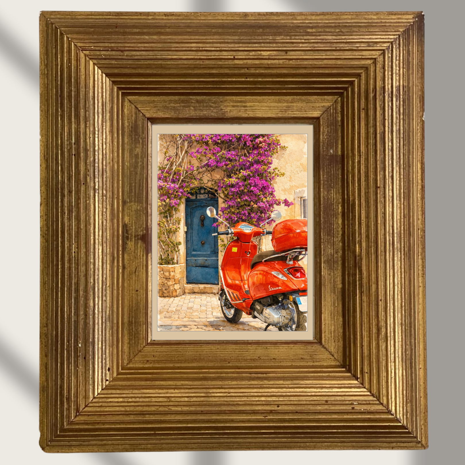 #022 Saint Tropez Wall Art Print - Red Vespa Watercolor Print – Mediterranean Street Art with Bougainvillea & Blue Door Poster