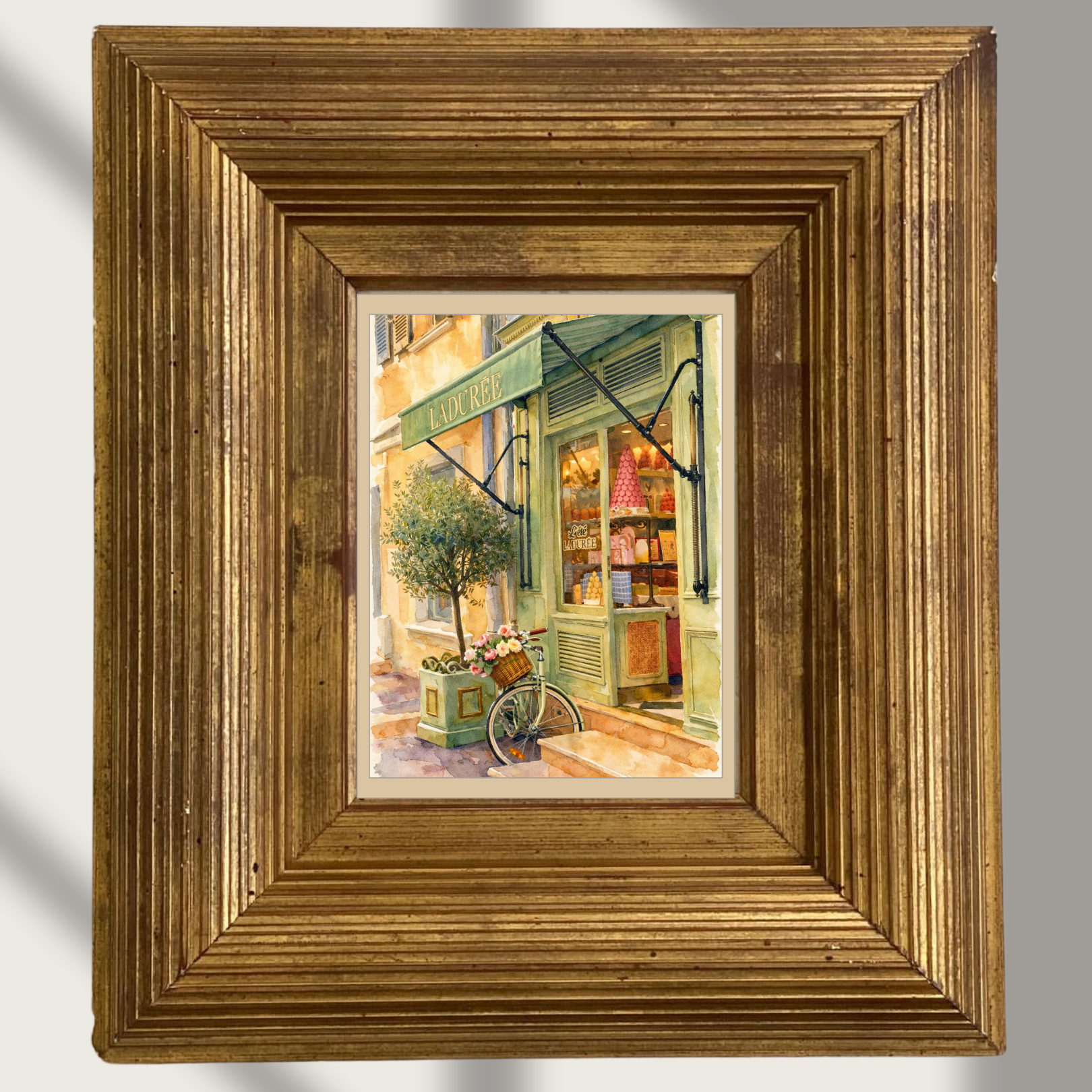 #021 Saint Tropez Wall Art Print - Paris Bakery Watercolor Print – Ladurée Café Storefront Wall Art with Bicycle & Flowers