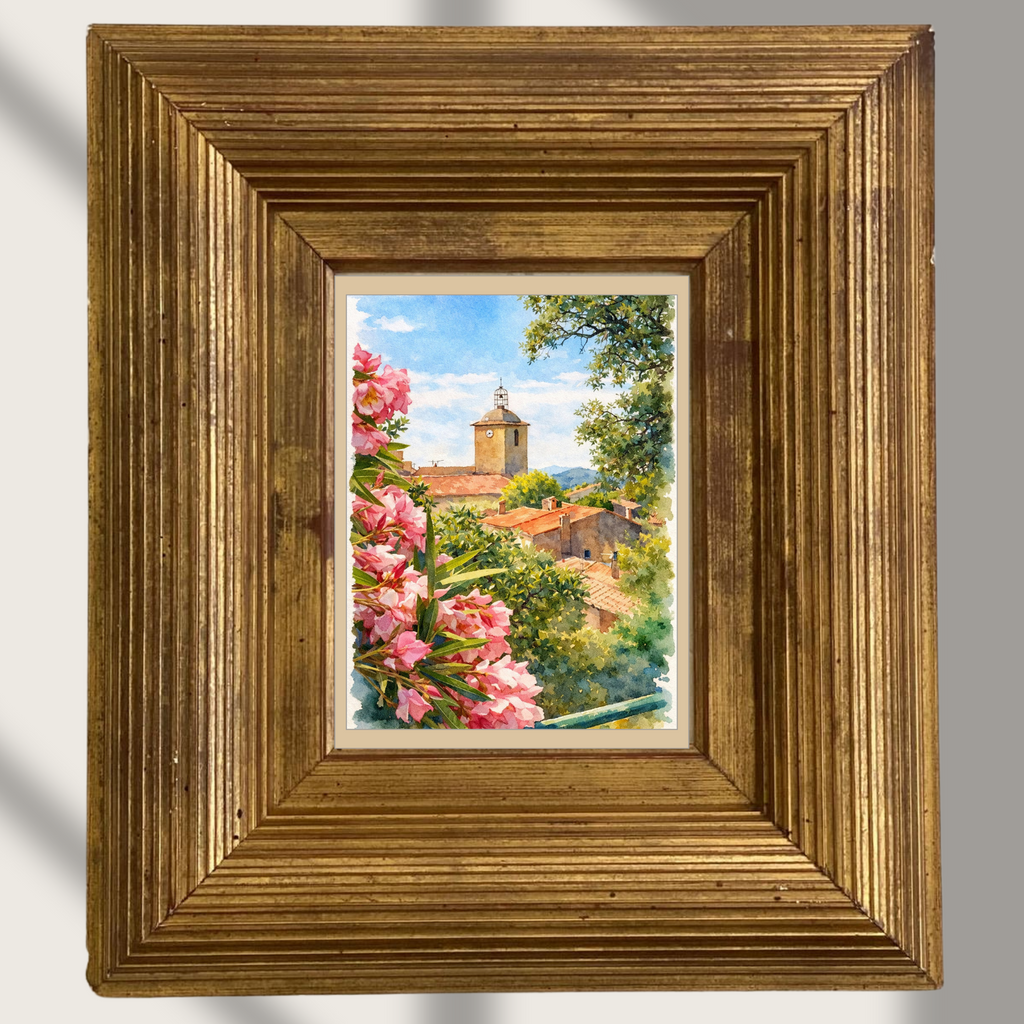 #018 Ramatuelle Wall Art Print - Provence Village Watercolor Print – Floral Mediterranean Landscape Wall Art for Elegant Home Decor