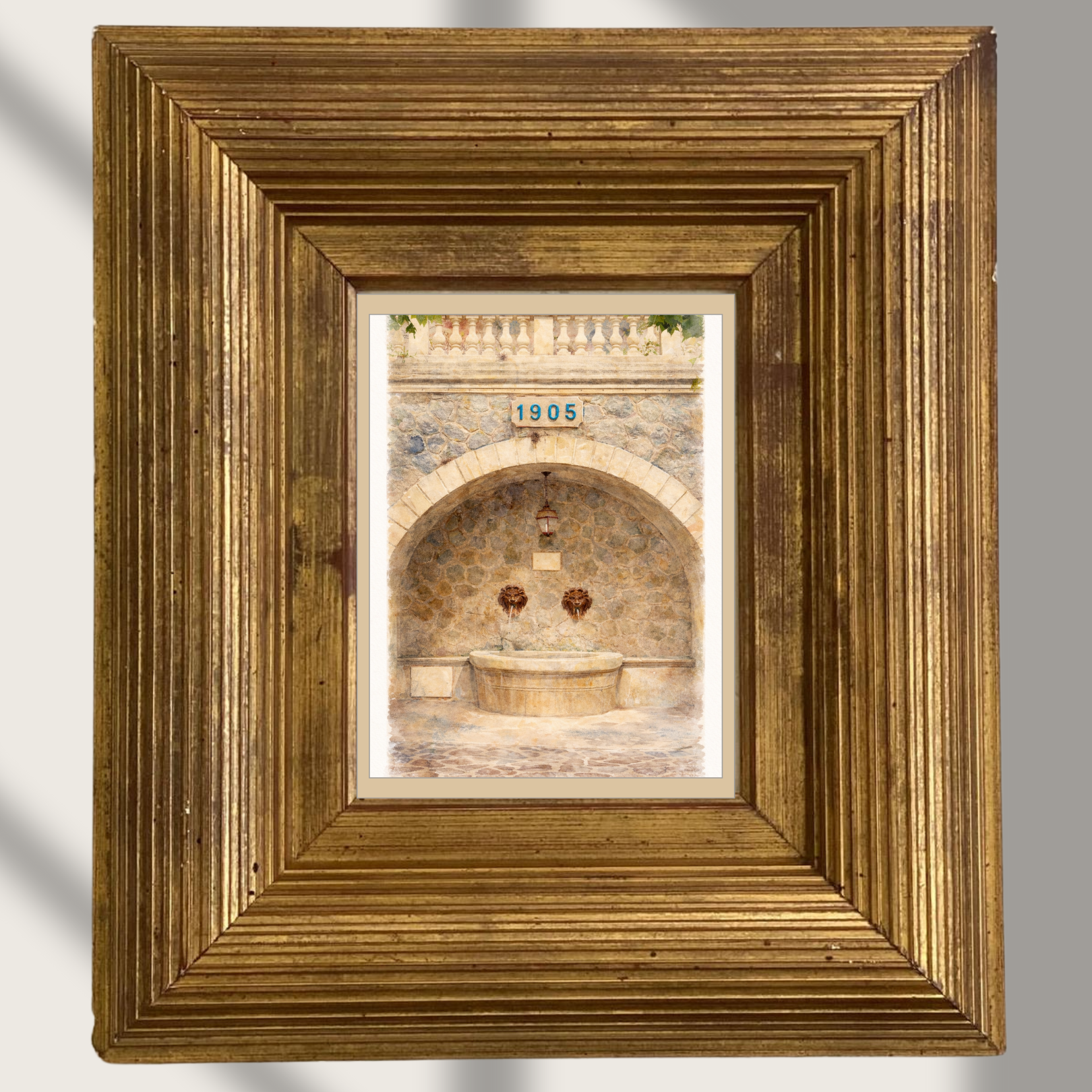 #017 Ramatuelle Wall Art Print - Mediterranean Stone Fountain Watercolor Print – Elegant French Courtyard Wall Art for Timeless Home Decor