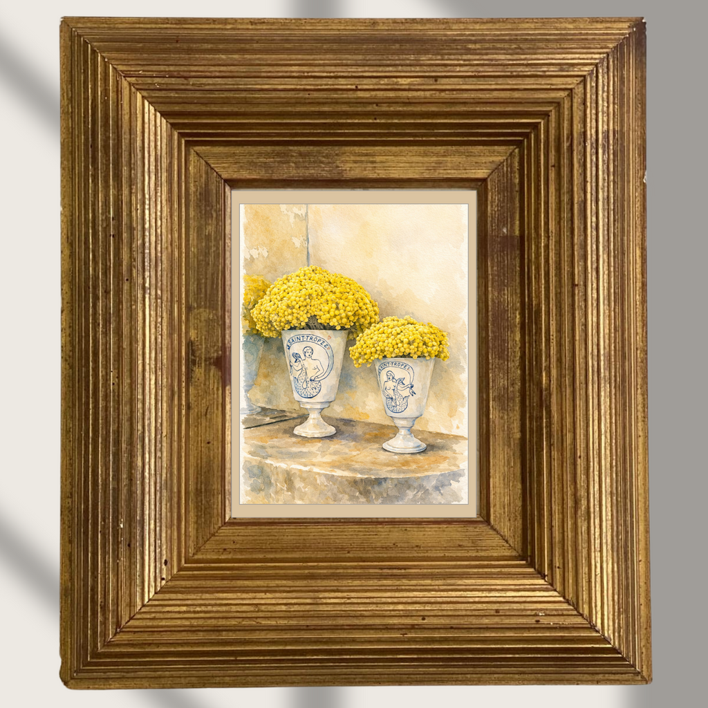 #015 Mimosa Wall Art Print - Saint-Tropez Yellow Floral Watercolor Print – Luxury Mediterranean Vase Wall Art for Elegant Home Decor