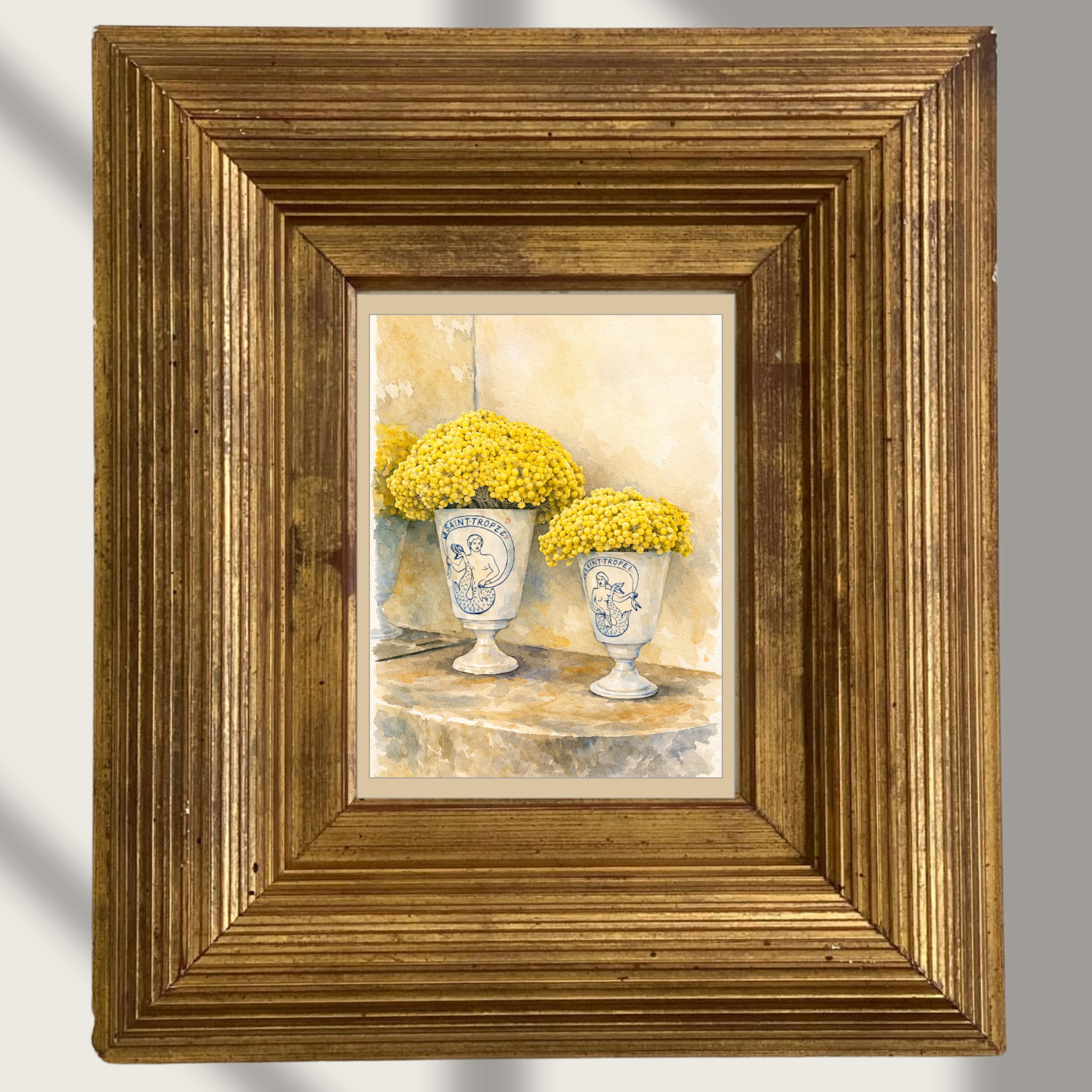 #015 Mimosa Wall Art Print - Saint-Tropez Yellow Floral Watercolor Print – Luxury Mediterranean Vase Wall Art for Elegant Home Decor