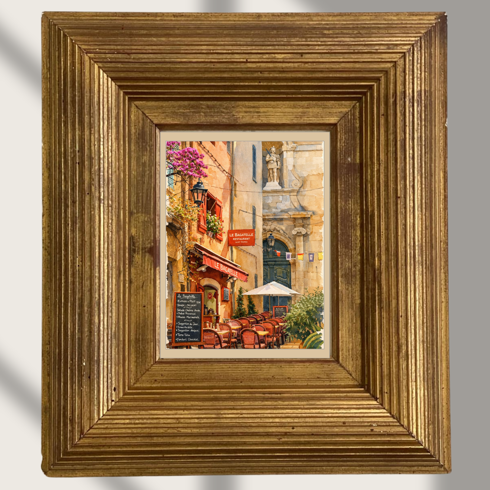 #011 Saint Tropez Wall Art Print - French Café Watercolor Print – Saint-Tropez Restaurant Street Scene Wall Art