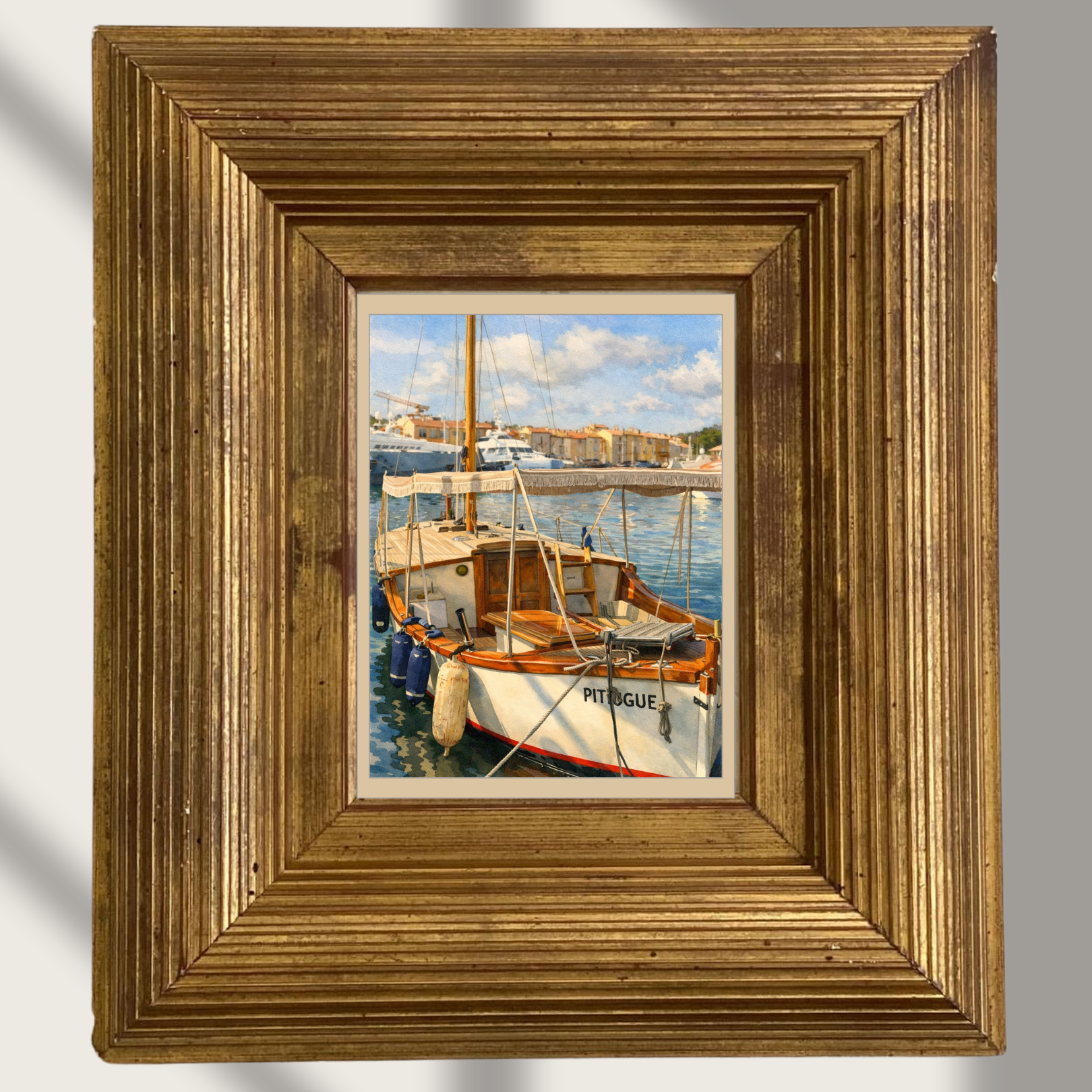 #009 Saint Tropez Wall Art Print - Saint-Tropez Harbor Boat Watercolor Print – Luxury Mediterranean Coastal Wall Art