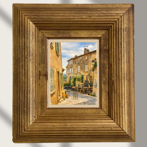 #001 Ramatuelle Wall Art Print - Charming Provence village café with warm stone houses and sunlit terrace. Luxury French countryside wall art