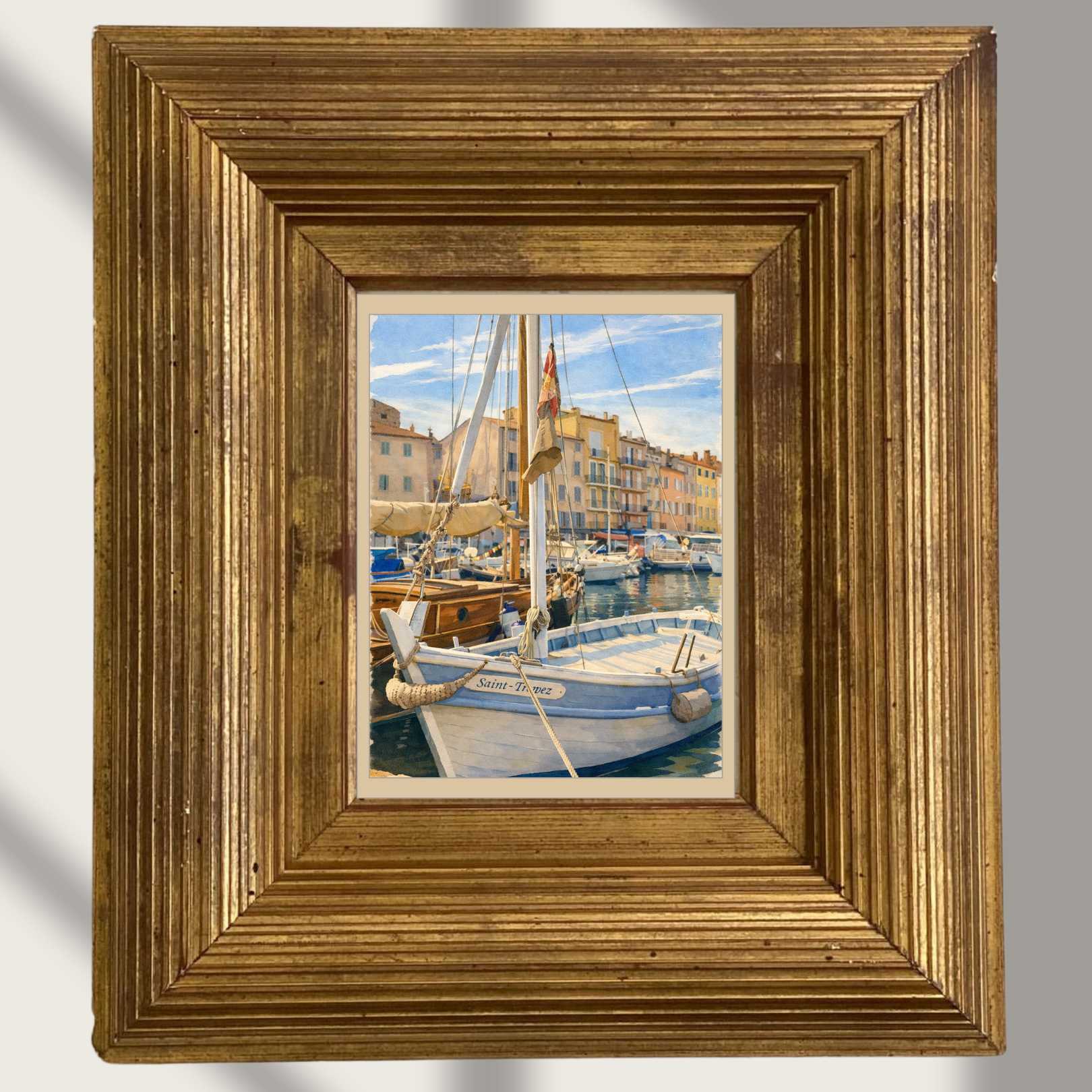 #002 Saint Tropez - Elegant Saint-Tropez harbor art print featuring a classic sailboat