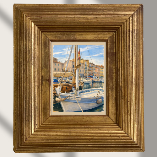 #002 Saint Tropez - Elegant Saint-Tropez harbor art print featuring a classic sailboat