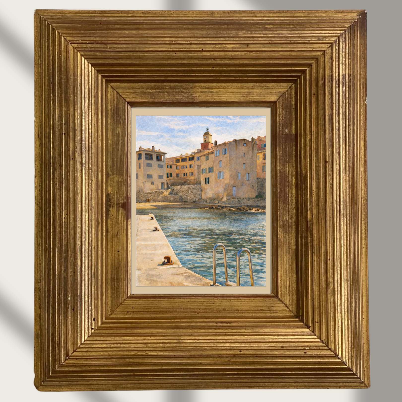 #003 Saint Tropez Wall Art Print - Mediterranean Harbor Watercolor Print – Coastal Village Wall Art with Sunlit Waterfront Charm