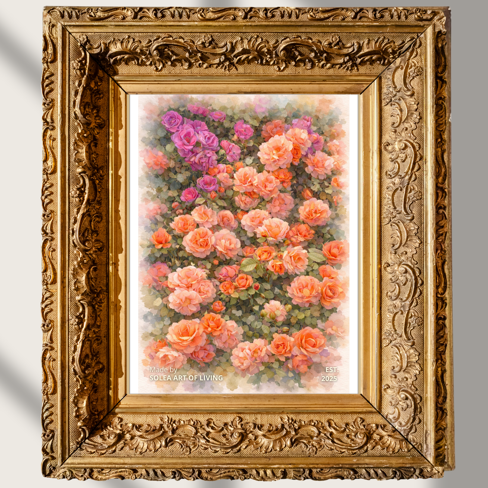 #055 Romantic Rose Garden Watercolor Poster – Detailed Floral Wall Art with Soft Deckled Edges