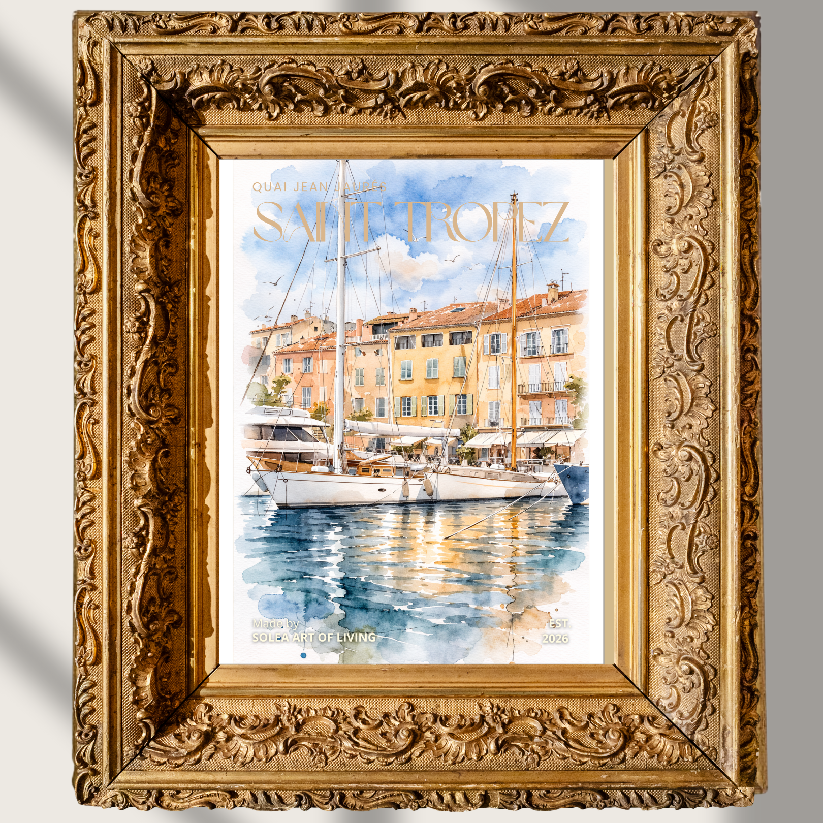 #056 Saint Tropez Wall Art Print - Mediterranean Harbor Watercolor Poster – Coastal Sailboat Wall Art Print with Soft Artistic Edges