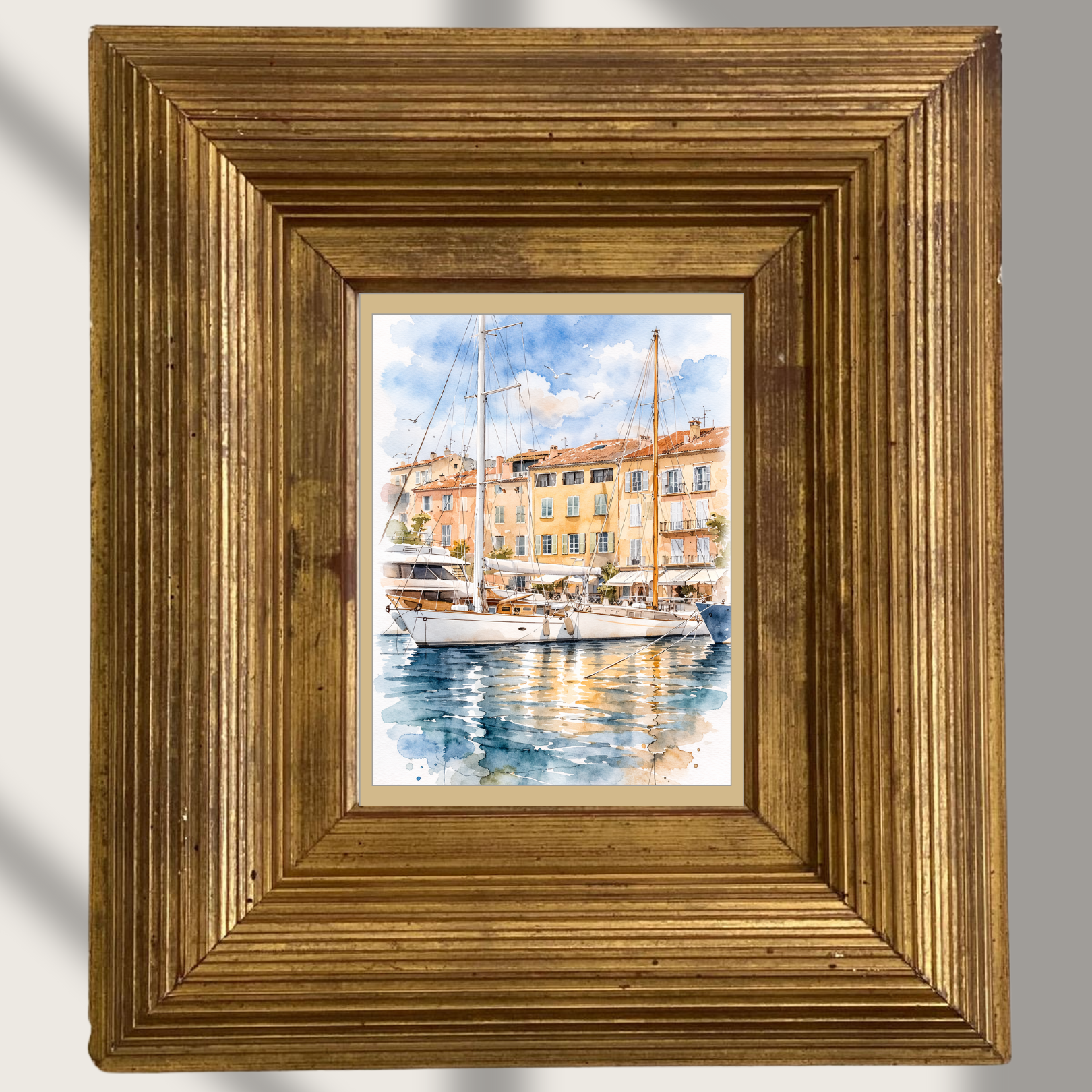 #056 Saint Tropez Wall Art Print - Mediterranean Harbor Watercolor Poster – Coastal Sailboat Wall Art Print with Soft Artistic Edges